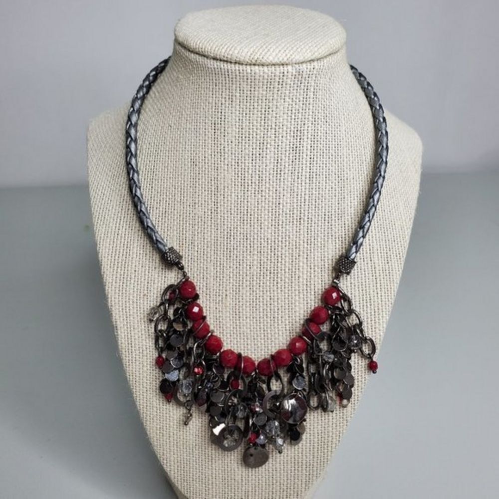 Chicos Necklace Red Beaded Dangle Fringe Gunmetal‎